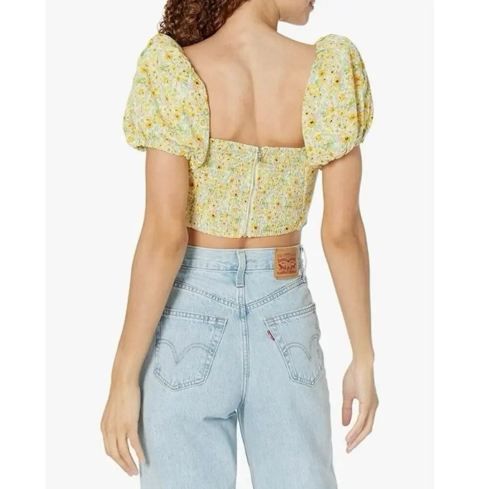 ASTR Paola Yellow Floral Print Smocked Sweetheart Puff Sleeve Crop Top Size L
